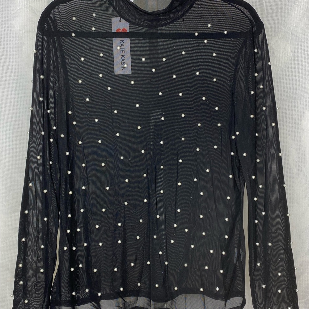 Kate Kasin Black Sheer Pearl Embellished Blouse